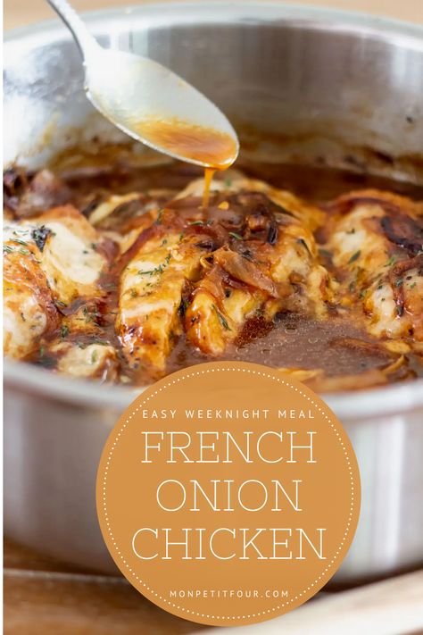 French Onion Chicken recipe in a pan Chicken With Beef Broth Recipes, Recipes To Use Up Beef Broth, Leftover French Onion Soup Recipes, French Onion Chicken Crockpot Recipes, French Onion Chicken With Canned Soup, Chicken And Broth Recipes, French Onion Soup With Chicken Broth, Carmalized Onion Chicken, Chicken And Onion Soup Mix Recipes