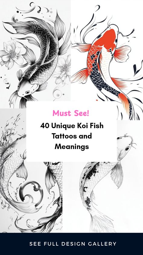 Explore 40 stunning koi fish tattoo designs and their meanings featuring various styles, colors, and symbolism. This pin showcases 4 vibrant images of koi fish tattoos that speak to the journey of strength and beauty.