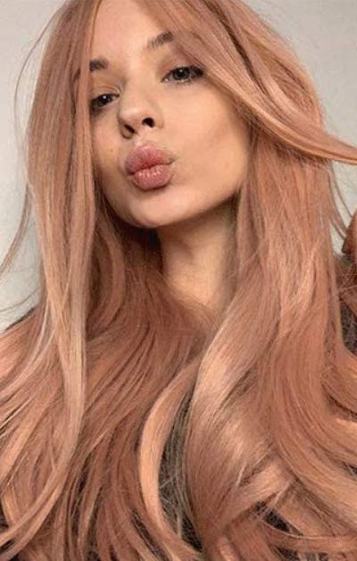 Peachy Rose Gold Hair, Long Peach Hair, Peachy Blonde Hair Rose Gold, Rose Champagne Hair, Strawberry Peach Hair, Dusty Peach Hair, Light Peach Hair Color, Rose Ginger Hair, Rosy Blonde Hair