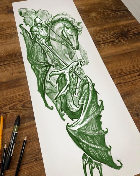 Draw Concept Art, The Green Knight Tattoo, Dragon Tattoo Medieval, Dragon Legs Reference, Jousting Tattoo, Horse Rider Tattoo, George Washington Tattoo, Midevil Tattoo Design, St George Tattoo