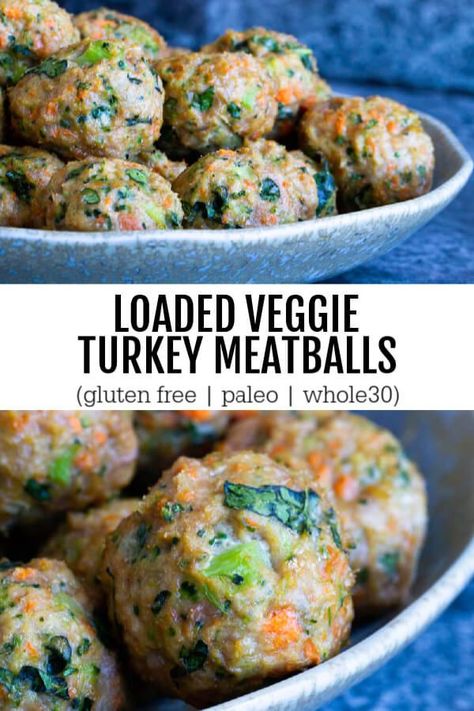 Veggie loaded turkey meatballs -  the ultimate make ahead meal prep recipe.  Life just got a little bit easier. Gluten free.  Paleo.  Whole30 compliant. Veggie Turkey Meatballs, Make Ahead Meal Prep, Meatballs Gluten Free, Veggie Turkey, Gluten Free Turkey Meatballs, Clean Eating Recipes For Dinner, Clean Eating For Beginners, Resep Diet, Easy Zucchini