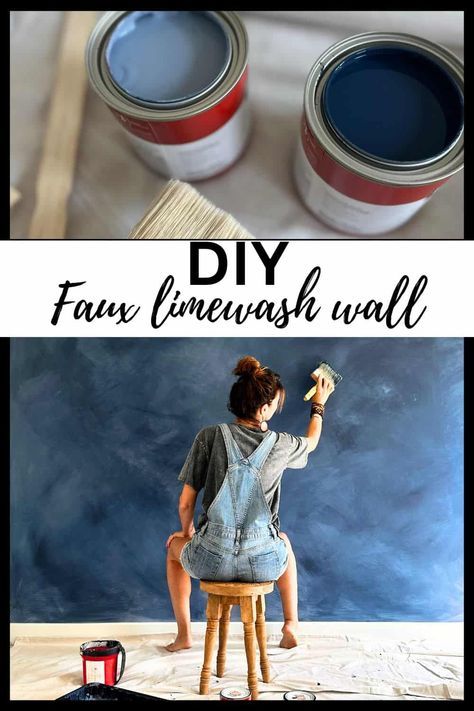 Dark Blue Limewash, Faux Limewash Walls Diy, Blue Limewash Walls, Blue Lime Wash, Paint Techniques For Walls, Faux Painting Techniques For Walls, Faux Limewash Walls, Limewash Diy, Color Washing Walls