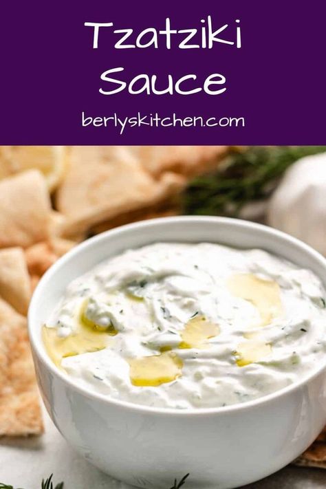 Tzatziki sauce with sour cream using simple ingredients and a combination of Greek yogurt, sour cream, and fresh lemon juice. It's great as a condiment or a dip with fresh veggies. Get the full recipe at berlyskitchen.com. Sauce With Sour Cream, Sour Cream Uses, Greek Sauce, Tzatziki Sauce Recipe, Greek Gyros, Roasted Garlic Hummus, Homemade Tzatziki Sauce, Tzatziki Recipes, Cucumber Yogurt