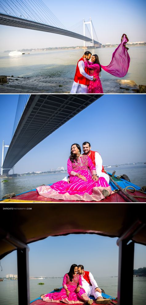 Kolkata Contemporary Pre Wedding Photoshoot | Howrah Bridge | Princep Ghat | Best location for pre wedding shoot in Kolkata | Engagement Shoot Pictures in the boat | Pink Leheriya Dress|  Orange koti | Borrow It Bindaas | Calirfornia Couple shoot | Wed Me good | DKreate Photography | Wedding Sutra Pre Wedding Shoot Ideas Kolkata, Kolkata Pre Wedding Photoshoot, Princep Ghat Kolkata Couple Photography, Princep Ghat Kolkata Photography, Boat Pre Wedding Shoot, Bengali Pre Wedding Photoshoot, Leheriya Dress, Happy New Year Movie, Bengali Couple