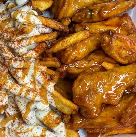 Orange ginger wings , Cajun ranch fries Wings And Cheese Fries, Hot Wings And Fries, Cajun Ranch Fries, Wings And Fries Charcuterie Board, Cajun Ranch, Fish And Fries Aesthetic, Saucy Wings, Ranch Fries, Wings And Fries