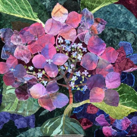 Hydrangeas Art, Hydrangea Painting, Textile Collage, Collage Quilts, Hydrangea Colors, Landscape Quilt, Fiber Art Quilts, Flower Quilts, Paper Collage Art