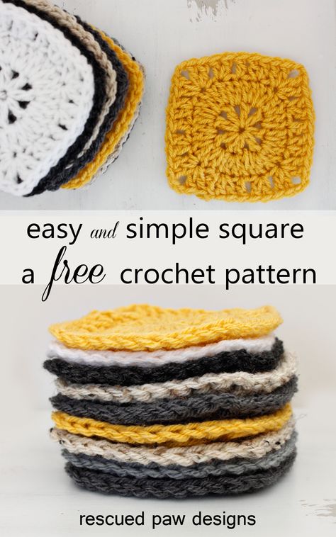 Simple Square Motif By Rescued Paw Designs - Free Crochet Pattern - (rescuedpawdesigns) Crochet Square Pattern, Coasters Crochet, Quick Projects, Scrap Yarn Crochet, Scrap Yarn, Crochet Dishcloth, Crochet Blocks, Crochet Square Patterns, Granny Squares Pattern