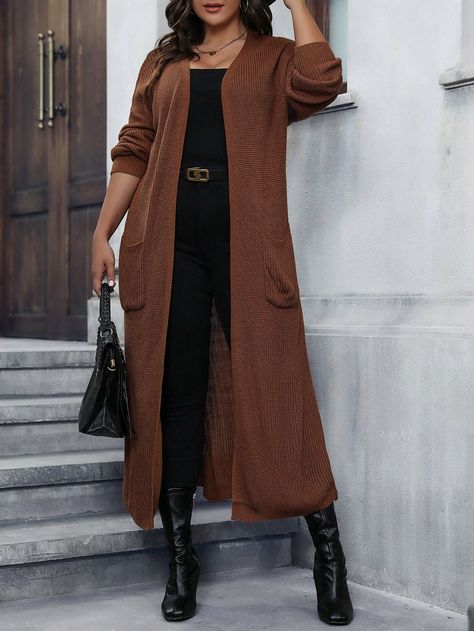 Mocha Brown Casual Collar Long Sleeve Knitwear Plain  Embellished Slight Stretch  Women Plus Clothing Long Rust Cardigan Outfit, Long Brown Sweater Outfit, Brown Long Cardigan Outfit, Long Brown Cardigan Outfit, Duster Cardigan Outfit, Brown Cardigan Outfit, Moda Hippie Chic, Long Brown Sweater, Long Brown Cardigan