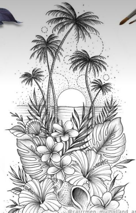 African Warrior Tattoos, Tropical Flower Tattoos, Koi Dragon Tattoo, Blossom Tree Tattoo, Tropical Tattoo, Magic Runes, Palm Tattoos, New Tattoo Designs, Ocean Tattoos