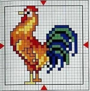 Rooster Pixel Art, Rooster Cross Stitch, Chicken Cross Stitch, Knitting Gloves Pattern, Pixel Quilting, Crochet Potholder Patterns, Fuse Bead Patterns, Beading Patterns Free, Cross Stitch Needles