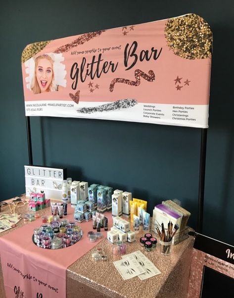 Henna Station At Party, Gliter Bar Stand, Glitter Bar Wedding, Event Planner Office Decor Ideas, Glitter Bar Ideas, Event Planner Office, Glitter Station, Stand Glitter, Party Stations