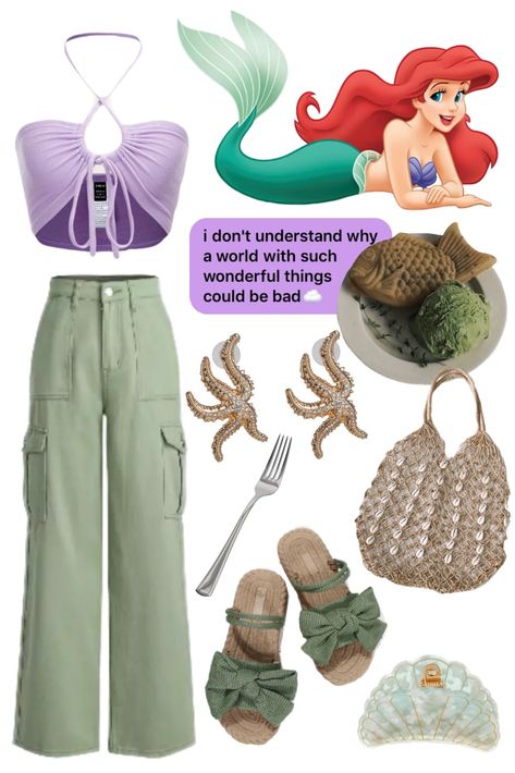 Purple halter tie top paired with green relaxed pants. Green bow sandals. Gold starfish earrings. Green/white/gold seashell hair clip. Handmade woven bag with shells woven in. Ariel Outfit Ideas, Ariel Outfit, Disney Princess Halloween Costumes, Disney Princess Inspired Outfits, Disney Bound Outfits Casual, Disney Trip Outfits, Princess Inspired Outfits, Disney Princess Outfits, Disney Princess Tiana