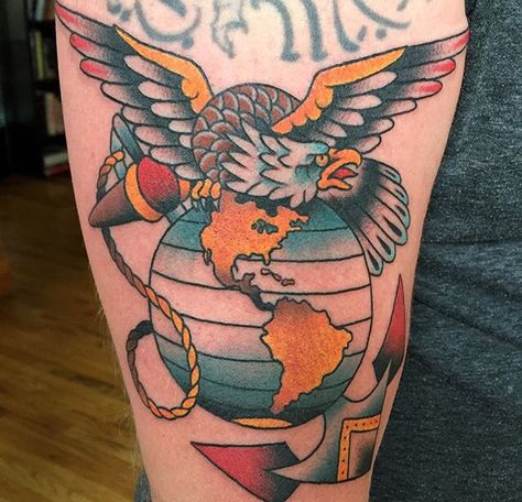 Marine Corps Eagle Globe and Anchor tattoo. Traditional Usmc Tattoo, Ega Tattoo Marines, Eagle Globe And Anchor Tattoo, Ega Tattoo, Usmc Tattoo Sleeve, Usmc Tattoos, Jason Tattoo, Marine Corps Tattoos, Traditional Tattoo Girls