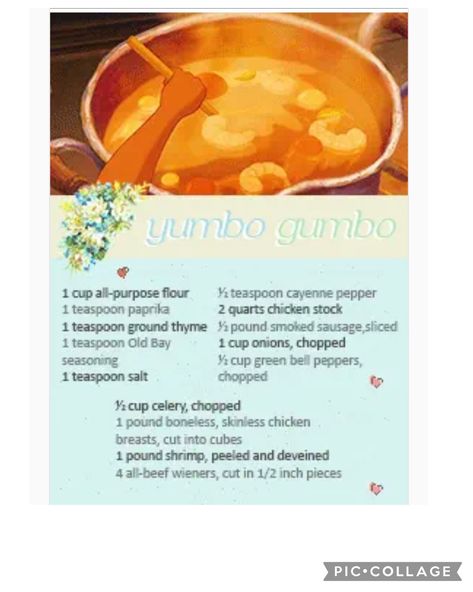 Tiana Food Recipe, Yumbo Gumbo Recipe, Princess And The Frog Gumbo Recipe, Disney Dishes Recipes, Tiana Gumbo Recipe, Princess And The Frog Food Recipes, Gumbo Princess And The Frog, Princess And The Frog Gumbo, Princess And The Frog Food Ideas