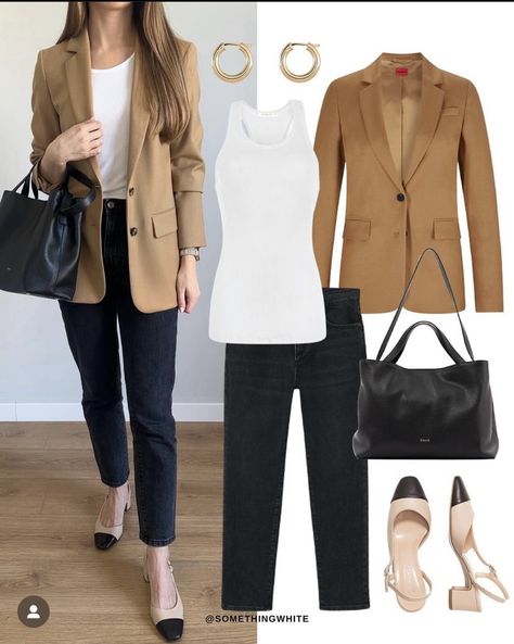 Tan Suit Jacket Women Work Outfits, Outfit Ideas With Beige Jacket, How To Style Tan Blazer, Black And Tan Shoes Outfit, Beige Blazer Work Outfit, Beige Blazer Fall Outfit, Taupe Blazer Outfit Work, Apricot Blazer Outfit, Carmel Blazer Outfit