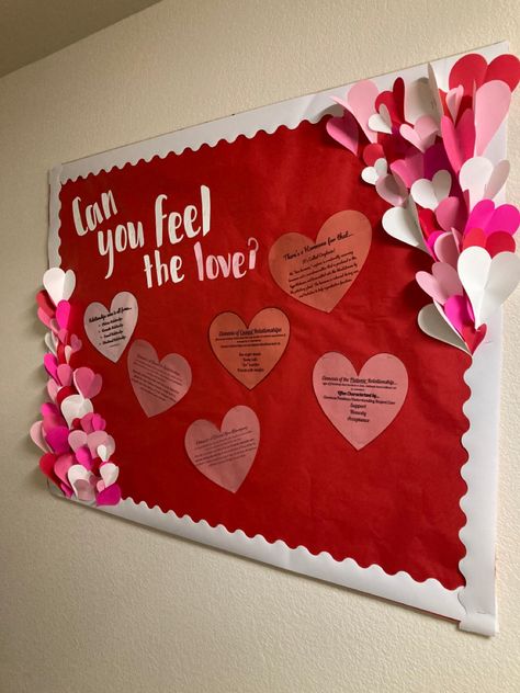 A multicolored bulletin with red, pink and white hearts on the corners. That discusses different types or relationships and relationship hormone “oxytocin”. Heart Awareness Month Bulletin Board, Valentines Theme Bulletin Board, Love Is Bulletin Board, Valentines School Board, Ra February Bulletin Boards, Valentine’s Day Ra Board, Valentines Ra Board, Valentines Day Poster Ideas, Heart Month Bulletin Board