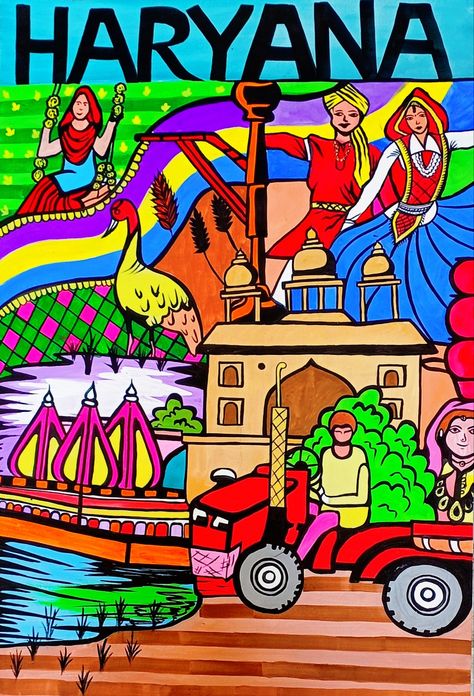 Haryana Culture Painting, Haryana Culture Drawing, Haryana Day Poster, Haryana Culture Images, Haryana Culture, Incredible India Posters, Heritage Poster, Science Exhibition, Historical Drawings