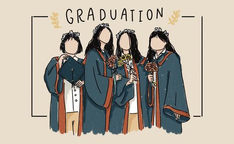 girls portrait, line-art friends illustration in graduation day Four Friends Illustration, Friend Illustration Art, Graduation Drawing Art, Friends Graduation, Best Friend Illustration, Graduation Friends, People Illustration Simple, 4 Friends Illustration, Graduation Illustration