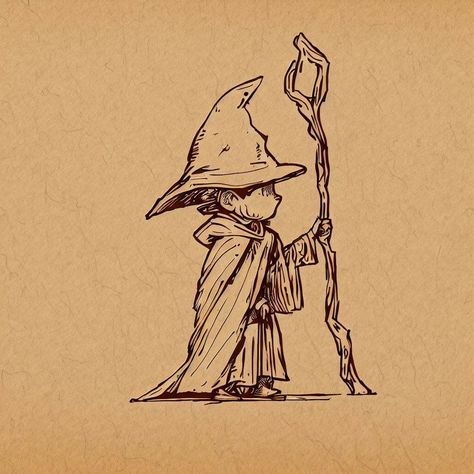 Cute Wizard Art, Cute Wizard Tattoo, Small Wizard Tattoo, How To Draw A Wizard, Wizard Illustration Character Design, Fantasy Ink Drawing, Wizard Cloak Drawing, Fantasy Drawing Ideas Inspiration, Cute Wizard Drawing