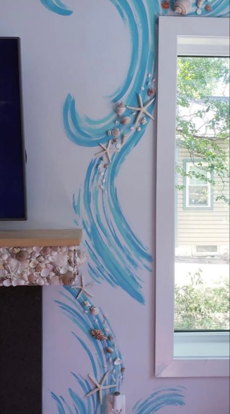 Sea Inspired Room Decor, Ocean Ideas Decoration, Ocean Themed Mural, Room Ocean Aesthetic, Sea Theme Room Decor Ideas, Sea Mural Painting, Water Theme Room, Ocean Aesthetic Room Decor, Sea Bedroom Aesthetic