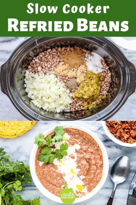 Slow Cooker Refried Beans, Crockpot Refried Beans, Easy Bean Recipes, Vegan Refried Beans, Refried Bean, Vegan Crockpot Recipes, Homemade Refried Beans, Refried Beans Recipe, Vegan Crockpot