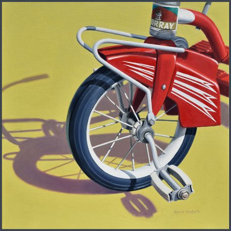 Toy Painting, Red Tricycle, Motorcycle Camping Gear, Contemporary Realism, Bike Toy, Realistic Oil Painting, Bicycle Painting, Motorcycle Camping, Artist Materials