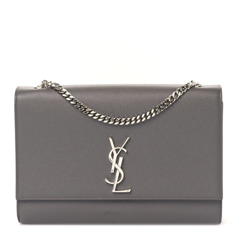 This is an authentic SAINT LAURENT Grain De Poudre Large Classic Monogram Kate Satchel in Earth. This stylish shoulder bag is crafted of finely grained leather in dark grey. The bag features a polished silver chain-link shoulder strap, with a matching YSL logo on the crossover flap. The bag opens with a magnetic snap to a black fabric interior with a flat pocket. 1387076 Kate Bags, Bottega Veneta Bag, Classic Monogram, Ysl Logo, Stylish Shoulder Bag, Rive Gauche, Saint Laurent Bag, Terry Cloth, Pink Bag