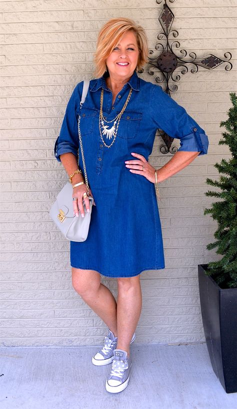 50 Is Not Old | How To Style A Denim Dress Style A Denim Dress, Denim Dresses For Women, Tania Stephens, Denim Dress Fall, Dresses For Women Over 40, Dress For Winter, 50s Outfits, 50 Is Not Old, All Things Fall