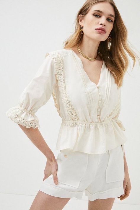 Cotton Poplin Lace Insert Peplum Woven Blouse | Karen Millen Ladies Clothes Fashion, Future Outfit, Ladies Clothes, Lace Insert, Karen Millen, Top Collection, Fashion Face, Cotton Poplin, New Collection