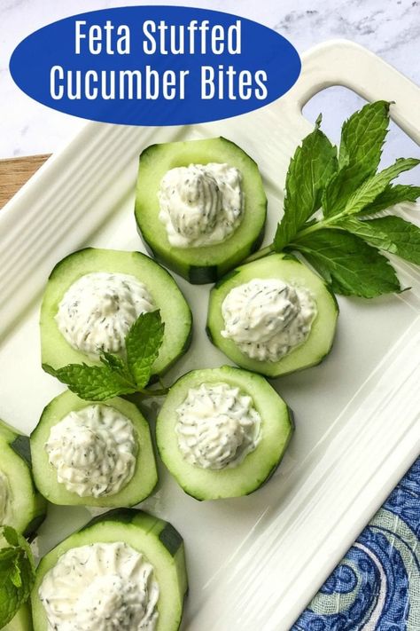 Feta cheese and cucumbers are two of my favorite things, so of course I love this feta stuffed cucumber appetizer recipe. Appetizers With Cucumbers, Charcuterie Sides, Stuffed Cucumbers, Feta Bites, Cucumber Snacks, Cottage Recipes, Cucumber Appetizers, Cucumber Cups, Card Night