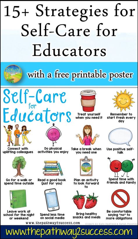 Strategies for self-care for teachers and other educational support staff. Teaching is tough! It's important to put mental, physical, and emotional health first. Use these strategies to help focus on yourself. It comes with a free printable poster as a self-care reminder. Expectations For Teachers, Educator Self Care, School Staff Wellbeing Board, Wellness For Teachers, Teacher Support Ideas, Teacher Self Care Quotes, Self Care For Teachers, Staff Wellness Ideas Teachers, Staff Wellbeing Ideas