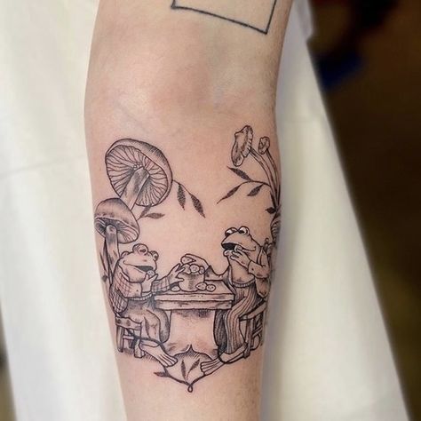 Storybook Style Tattoo, Cottage Tattoo Ideas, Whimsical Garden Tattoo, Garden Theme Tattoo, Fairy House Tattoo, Cottage Tattoo, Frog And Toad Tattoo, Goblincore Tattoo, Cottage Core Tattoos