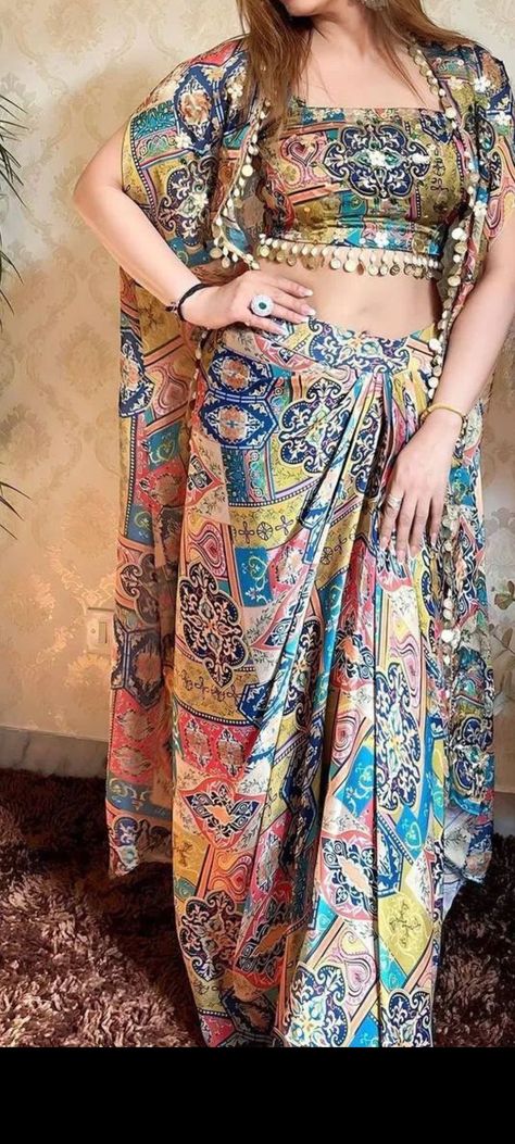 Saree Se Bani Dress, Multicolored Saree, Dhoti Dress, Dresses Details, Radhika Merchant, Chaniya Choli Designs, Calorie Workout, Long Blouse Designs, Dress Saree