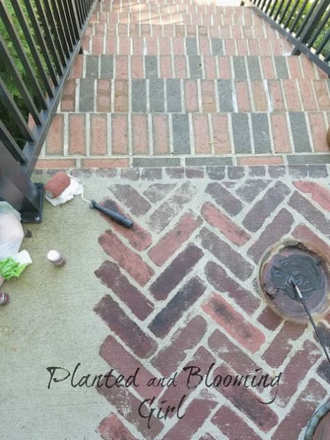 Faux Brick Flooring, Fake Brick, Brick Sidewalk, Stencil Concrete, Brick Porch, Painting Front Porch, I Miss Summer, Tutorial Painting, Brick Steps