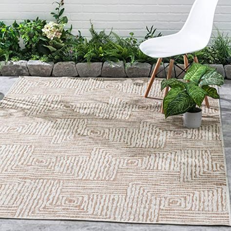 Amazon.com: FH Home Flat Woven Outdoor Rug - Waterproof, Easy to Clean, Stain Resistant - Premium Polypropylene Yarn - Modern Geometric - Patio, Porch, Deck, Balcony - Budapest - Beige - 5ft 2in x 7ft 6in : Patio, Lawn & Garden Outdoor White Rugs, Outdoor Patio Furniture Rugs, Small Backyard Landscaping Outdoor Rugs, Balcony Rugs Apartment, Rug Waterproof, Deck Balcony, Waterproof Rug, Porch Rug, Porch Deck