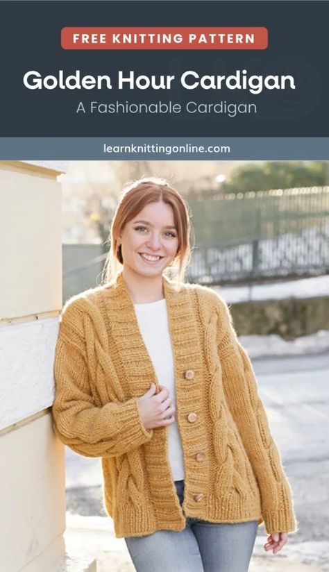 Make this fashionable Golden Hour Cardigan for your everyday style. It is a knitted cardigan that is perfect for layering in cooler weather. The golden hour color gives it a warm, sunny feel that is perfect for any casual or dressy occasion. | More free knitting patterns and tutorials at learnknittingonline.com Cable Knit Cardigan Pattern Free, Free Knitting Patterns Cardigan, Cardigan Knitting Patterns Free, Ladies Sweaters Patterns, Long Cardigan Knitting Pattern, Cable Cardigan Knitting Patterns, Learn Knitting, Chunky Knit Top, Long Cable Knit Cardigan