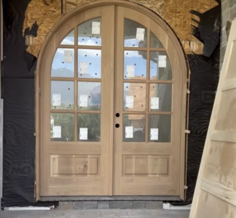 Arched Oak Front Door, White Oak Double Front Door, Double Arch Door, Arched Wooden Double Front Door, Modern French Country Front Door, Wood Arched Front Door, Arch Double Door Front Entry, European Farmhouse Front Door, Double Arch Front Door