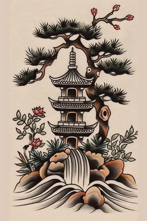 Tattoo idea: tattoo sketch A tranquil Japanese garden with a Wester 10 Bonsai Back Tattoo, Tattoo Ideas Japanese Style, Japanese Bonsai Tree Tattoo, Japanese Garden Tattoo, Japanese Maple Tree Tattoo, 5150 Tattoo, Pagoda Tattoo, Japanese Sketch, Japanese Temple Tattoo