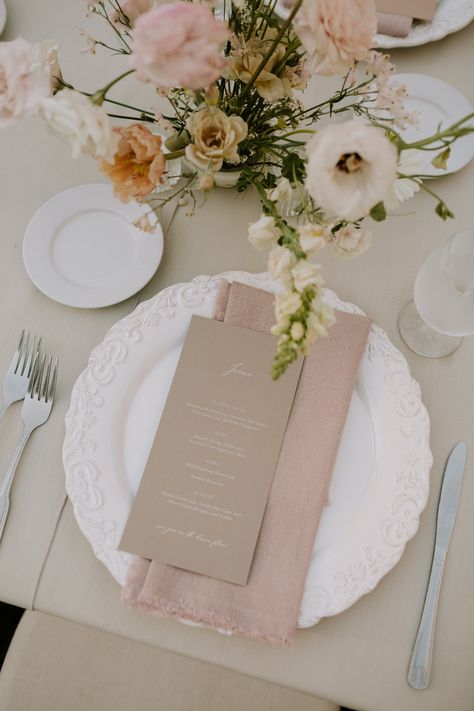 Terracotta Wedding Tablescape, Blush Tablescape Wedding, Neutral Charger Plates, Dusty Rose Plate Setting, Wedding Dinner Napkin Ideas, Plate Setting For Wedding, Menu At Wedding Table Settings, Cheap Wedding Place Settings, Wedding Chargers Plates