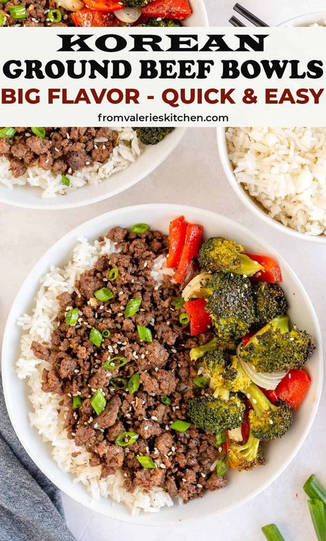 Ground beef cooked in a sweet and savory sauce and served over rice with roasted veggies. These easy Korean Ground Beef Bowls will be on your table in less time than it takes to order takeout! #beef #groundbeef #korean #koreanbeef #easydinner #30minutemeals Korean Bowls, Ground Beef Bowls, Stovetop Recipes, College Dinners, Beef Stew Stove Top, Chicken Scallopini, Skillet Chicken Parmesan, Korean Ground Beef, Bowl Meals