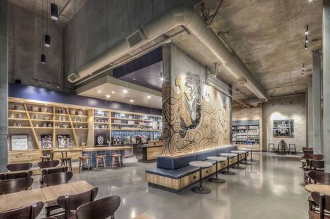 Long Beach Starbucks-With dreamy beige and blues, this store is nautical AF. Bonus: another giant Siren mural to swoon over. Starbucks Interior, Cal State Long Beach, Starbucks Shop, Starbucks Locations, Starbucks Design, Starbucks Store, Cal State, Coffee Shops Interior, Boho Interiors