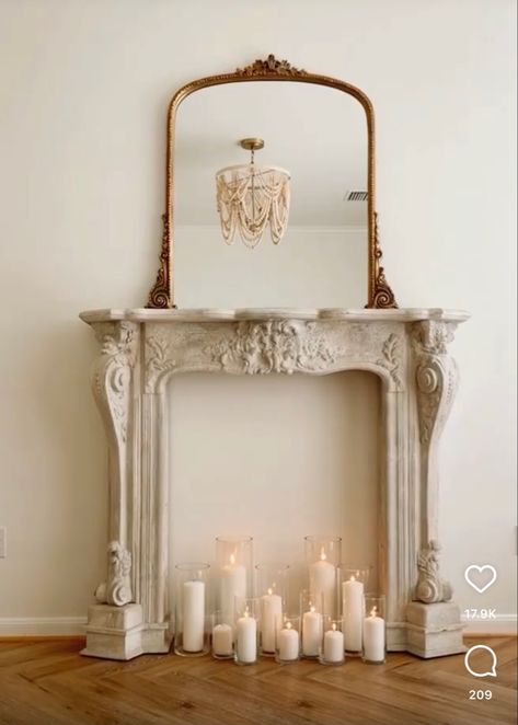 Decor Near Fireplace, Faux Vintage Fireplace Mantle, Faux Mantle Fireplace, Vintage Fireplace Aesthetic, 2023 Fireplace Decor Ideas, Fireplace Ideas Vintage, Fireplace Fake, Mantel In Bedroom, Fireplace Surround With Candles