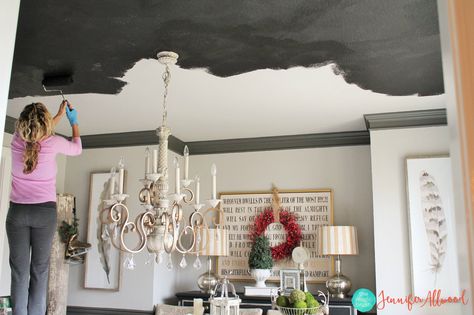 Room With Black Ceiling, Make A Room Look Taller, Painted Black Ceiling, Dark Painted Ceiling, Hallway Ceiling, Dark Dining Room, Hallway Paint, Dark Ceiling, Hallway Colours