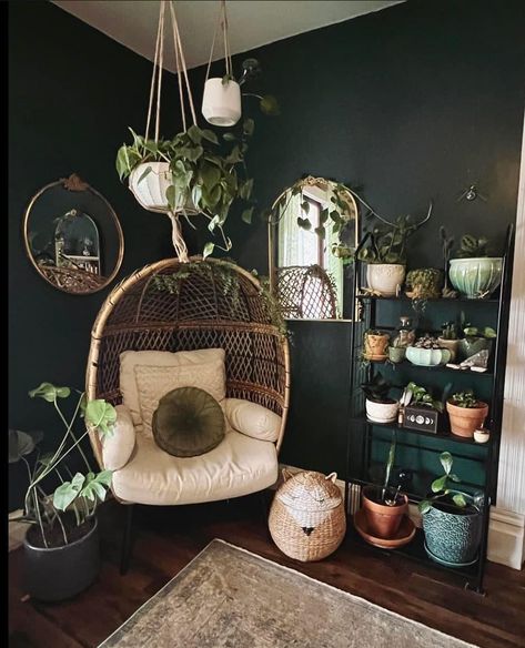 Small Dressing Room Decor Ideas, Pistachio Home Decor, Black Office With Plants, Witchy Library Aesthetic, Moody Boho Home Decor, Dark Academia Boho Living Room, Plant Bedroom Aesthetic Dark, Black Bohemian Bedroom, Dark Witch Room Aesthetic