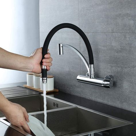 HOMELODY Kitchen Tap Wall Mounted Black, 180° Rotatable Food Grade Silicone Wall Kitchen Tap Flexible Extendible Sink Tap for Kitchen Brass (Total Height 342 mm) : Amazon.de: DIY & Tools Restroom Accessories, Modern Kitchen Faucet, Kitchen Appliances Design, Bathroom Mirror Frame, Wall Mounted Taps, Wall Taps, Metal Bathroom, Kitchen Sink Taps, Sink Mixer Taps