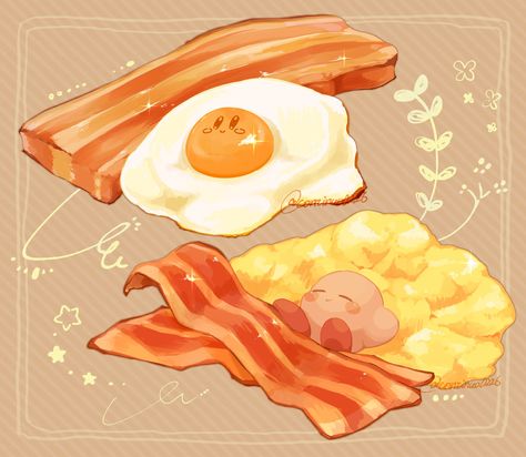 Food Animal Illustration, Egg Digital Art, Food Art Reference, Bacon Illustration, Kirby Eating, Bacon Drawing, Game Doodle, Splatoon Food, Food Art Illustration