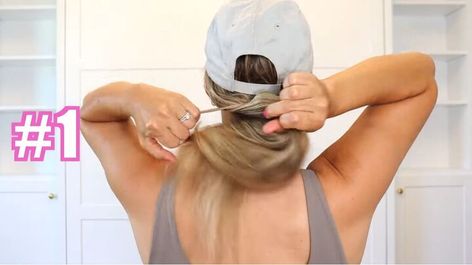 This guide shares 4 cute hat hairstyles. Learn some baseball cap hat hairstyles in this step-by-step tutorial. Hairstyle With A Hat Baseball Caps, Ponytail Styles With Hat, Hair Up With Baseball Hat, Ponytail For Hats, Hair Up With Hat Style, Hat Ponytail Hack, Hair In Ball Cap Style, Hair Styles With A Hat Baseball Caps, Hair In Baseball Cap Style