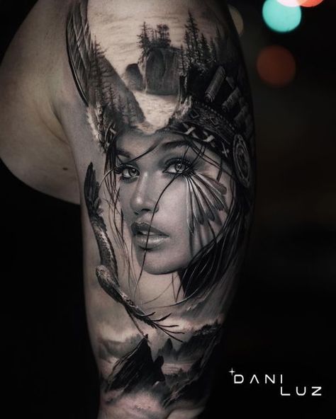 Two Faces Tattoo Woman, Historical Tattoos, Female Warrior Tattoo, Mother Nature Tattoos, Native American Tattoo, Timeless Tattoo, Native Tattoos, Realistic Tattoo Sleeve, Leg Sleeve Tattoo