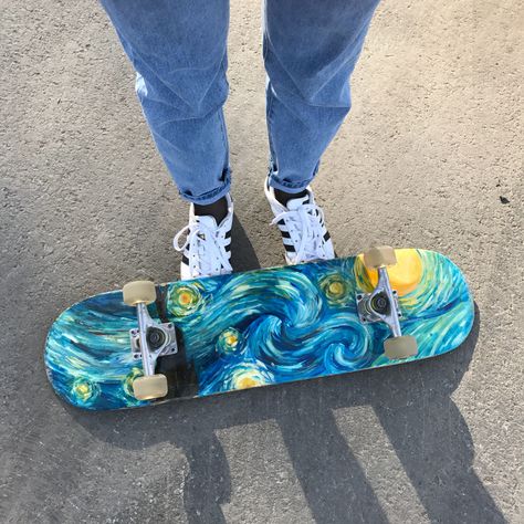 #art #ideas #create #artist #vangogh #skateboard Painting Ideas On Skateboard, Skateboard Paint Ideas, Paint Skateboard Ideas, Bottom Of Skateboard Painting Ideas, Skatbord Design, Skateboard Art Ideas, Painted Skateboard Ideas, Customized Skateboards, Painted Skateboard Aesthetic