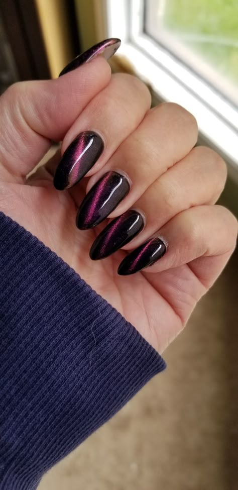 Black & purple cats eye nails Cat Eye Nails Black, Black Cat Eye Nails, Magnet Nails, Cats Eye Nails, Peach Acrylic Nails, Black Almond Nails, Purple Tips, Eye Nail Art, February Nails